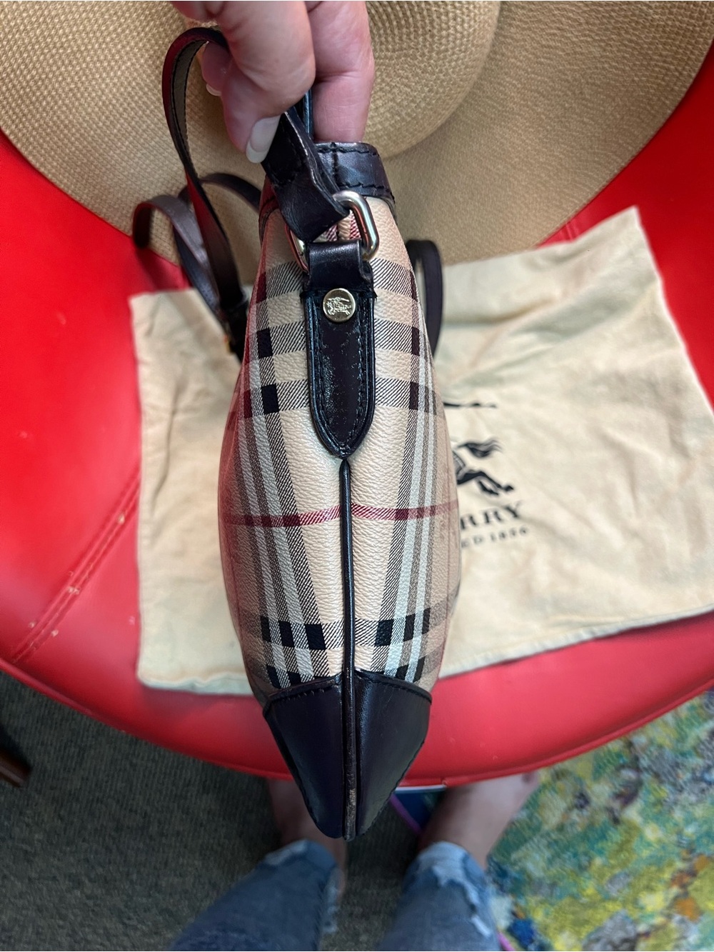 Burberry Tan Check Crossbody with Black Trim and Red Stripe - Picture 7 of 8